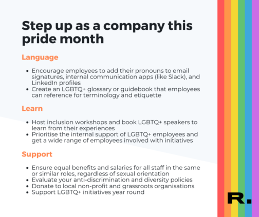 Example social tile from RecruitmentJunky on how companies can step up during pride month